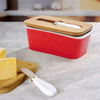 UMAI Ceramic Butter Dish with Lid and Knife 600ml Wooden Airtight Lid Silicone Ring Butter Cheese Box Red