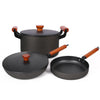UMAI Cast Iron Cookware Set Wooden Handle Fry Pan 26cm + Wok + Handi 4.4L Each with Lid Gas Induction
