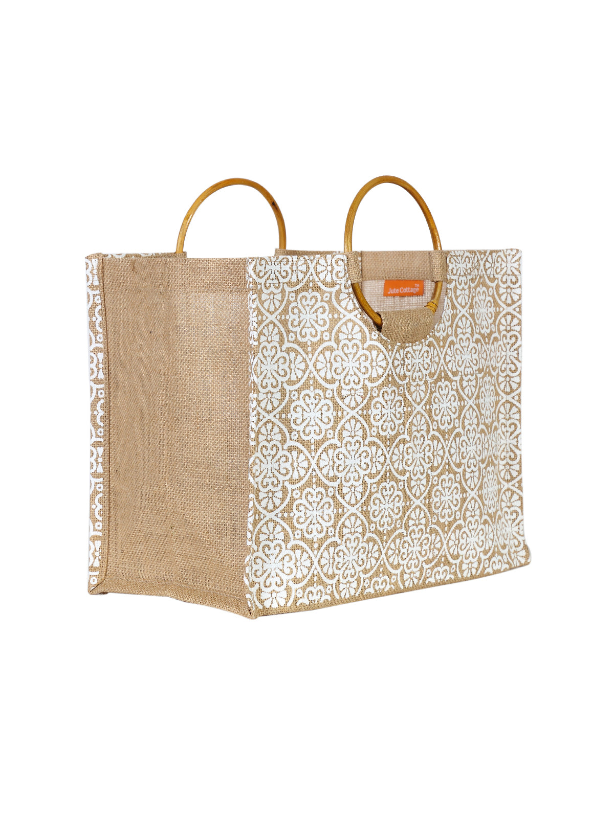 Jute Cottage Mughal Print Lunch Bag Cane Handle 100% Genuine Jute Bag