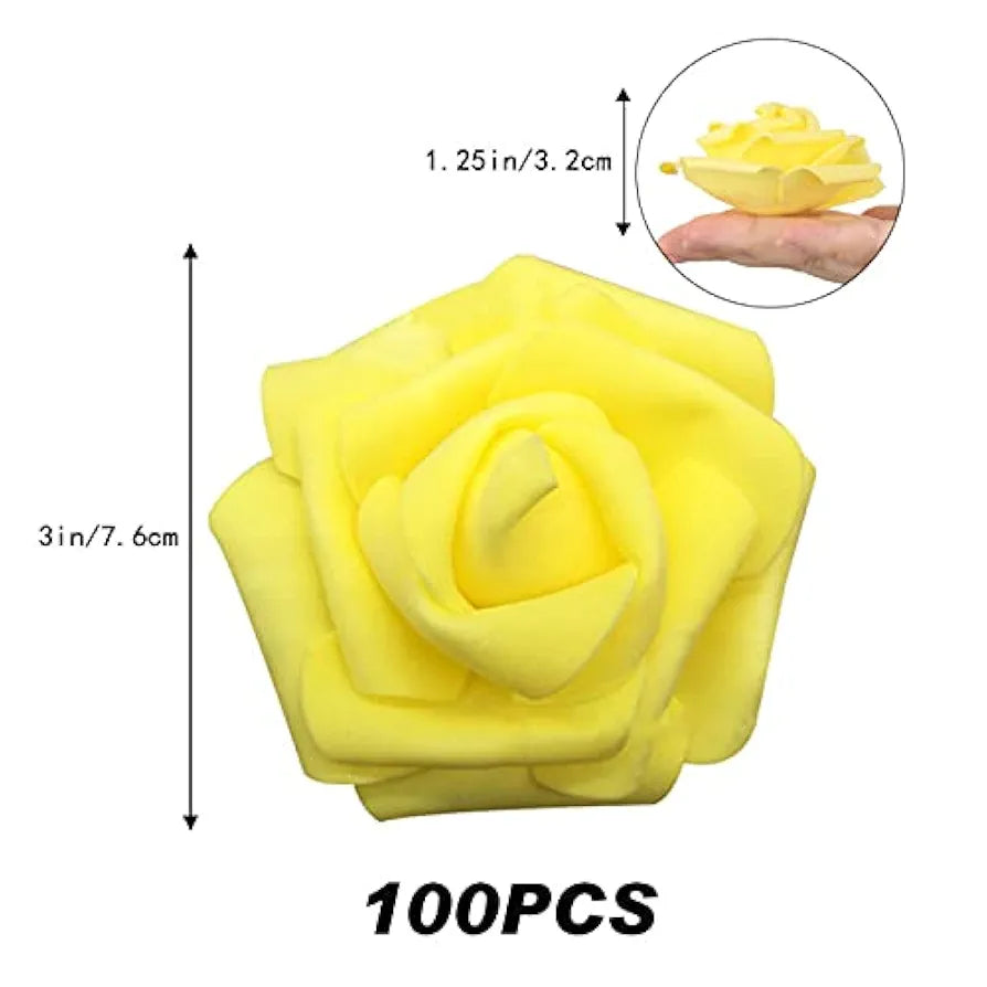 100 Pcs Artificial Rose Flower Heads Real Looking Ivory White Foam Fake Roses Yellow