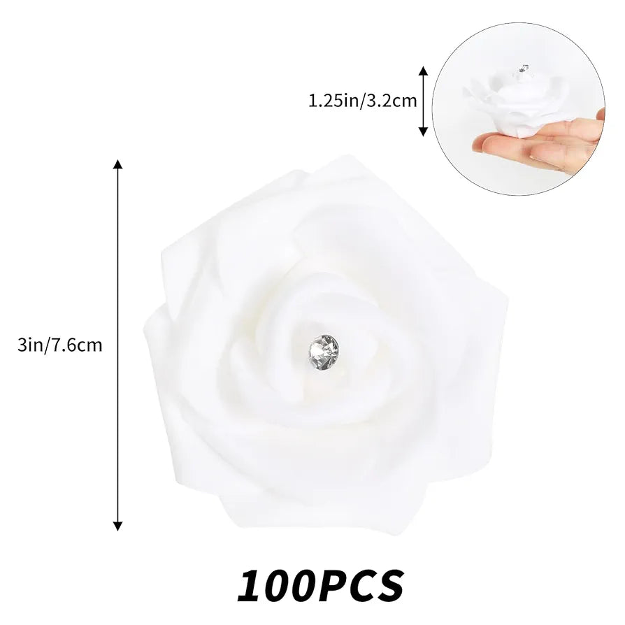 100PCS White Rose Artificial Flower Heads Real Looking Stemless Foam Roses Fake Flowers Bulk with Crystal White with Crystal