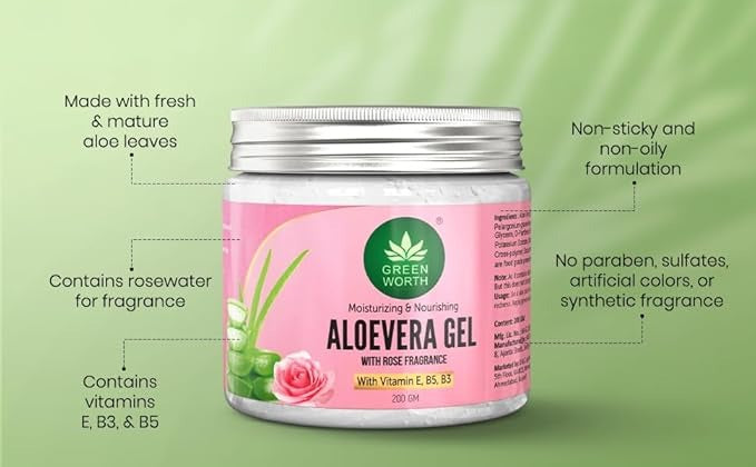 Green worth Pure Aloe vera Gel with Natural Rose - 200 gms