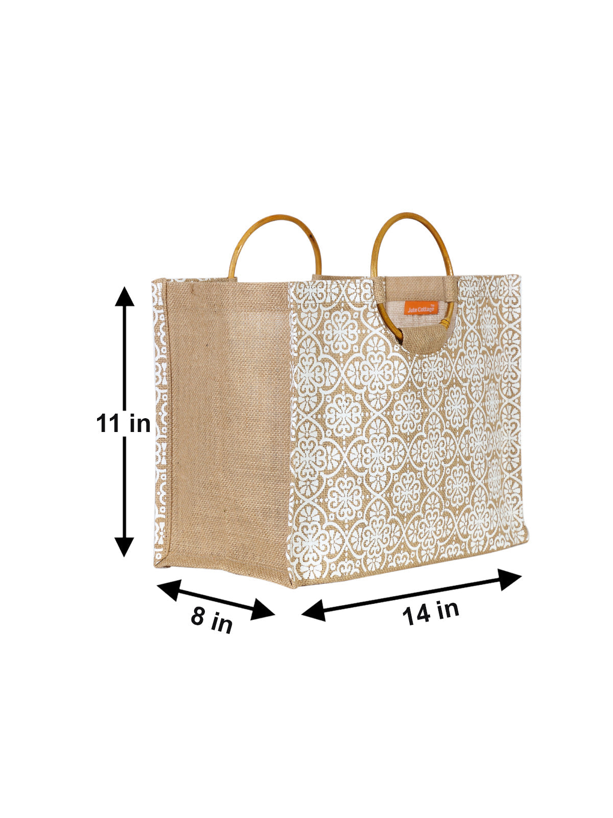 Jute Cottage Mughal Print Lunch Bag Cane Handle 100% Genuine Jute Bag