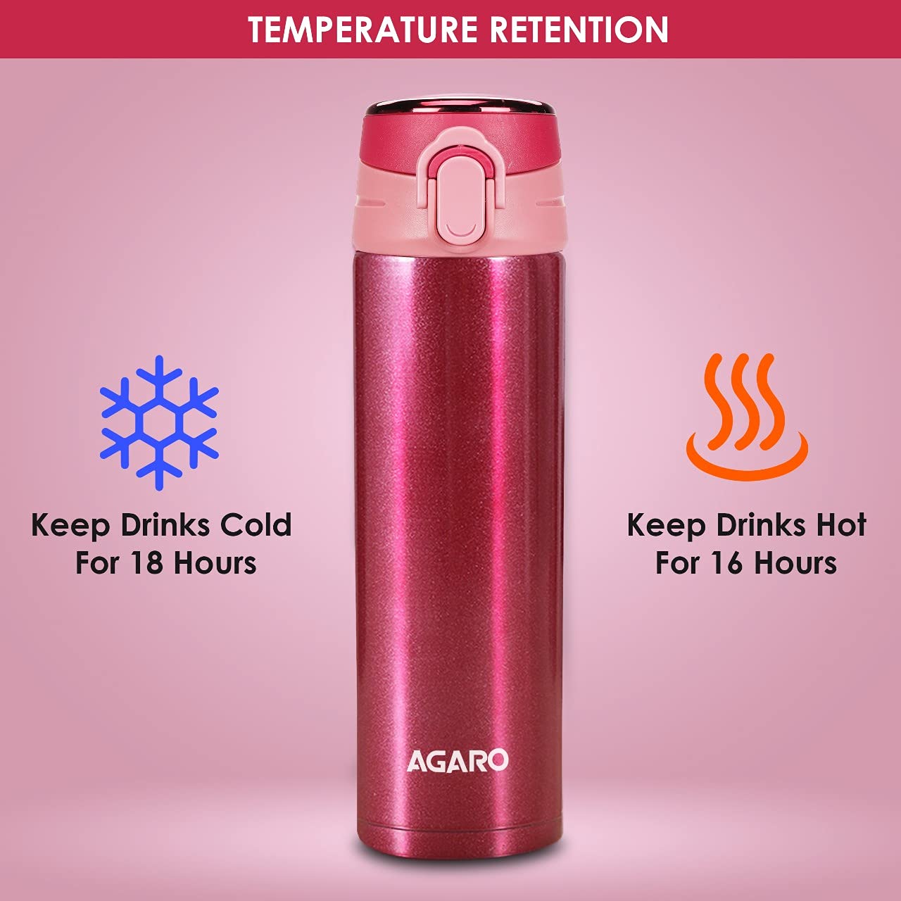 Agaro Galaxy Stainless Steel Vacuum Flask 500 ml | Dual Insulation with Copper Coating, Leak and Rust Proof, Hot and Cold upto 16hrs, (Cherry Red)