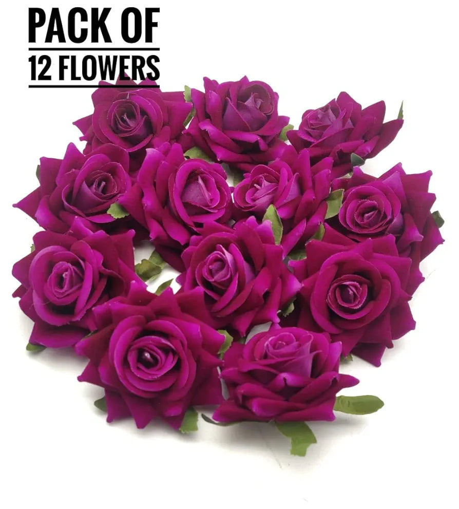 12 Pcs Artificial Velvet Rose Flowers Fake Floral Decoration Dark Purple