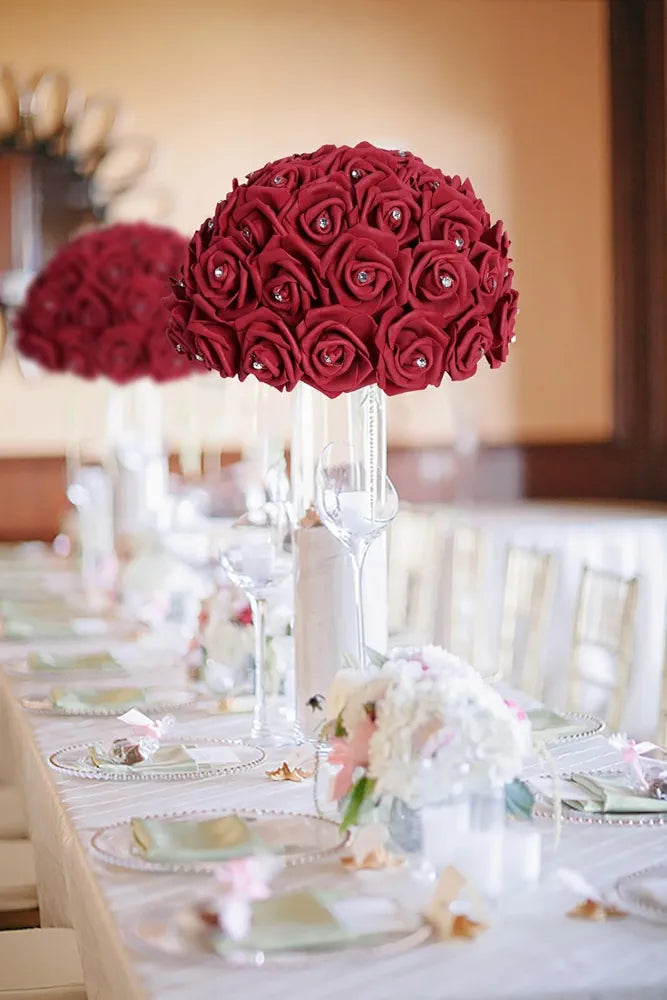 100PCS Burgundy Rose Artificial Flower Heads 3in Real Looking Stemless Foam Roses Fake Flowers Bulk with Crystal Burgundy With Crystal