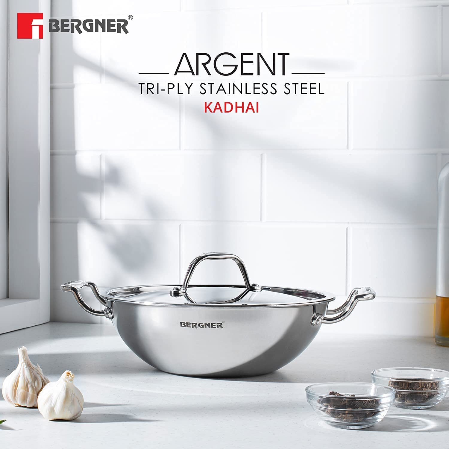 Bergner Argent Triply 34 Cm Deep Kadai