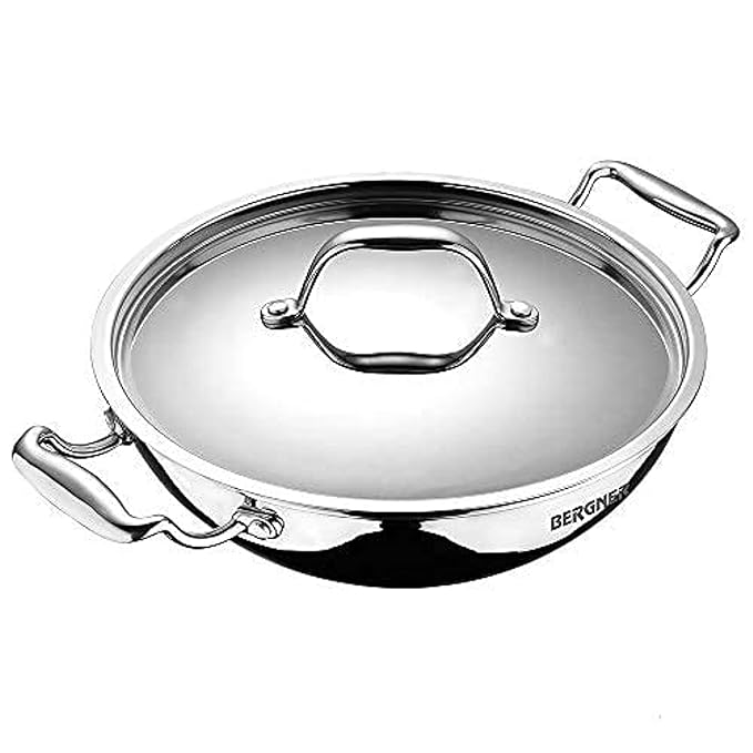 Bergner Argent Triply Stainless Steel 28 Cm Deep Kadai With Stainless Steel Lid | 5.7 L Deep Kadhai With Lid