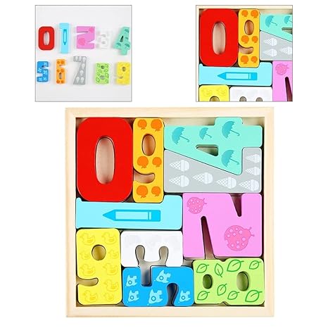 Smoneo Handcrafted 3D Wooden Jigsaw Puzzle Pre Education Alphabet & Number Learning Multicolour Toy Blocks