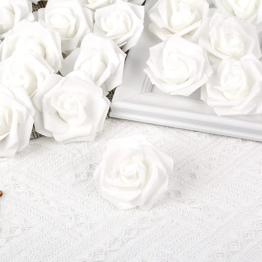 100 Pcs Artificial Rose Flower Heads Real Looking White Foam Fake Roses White
