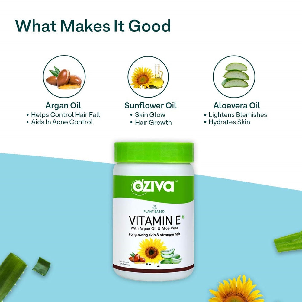OZiva Plant Based Natural Vitamin E (With Argan oil + Aloe vera) - 30 capsules