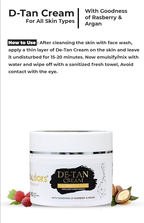 Keralooks Professional De-Tan Cream Tan Removal Pack with Raspberry and Argon Oil - 200 gms