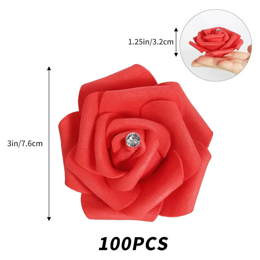 100pcs Red Foam Rose Artificial Flower Bulk with Crystal 3in Real Looking Stemless Fake Roses
