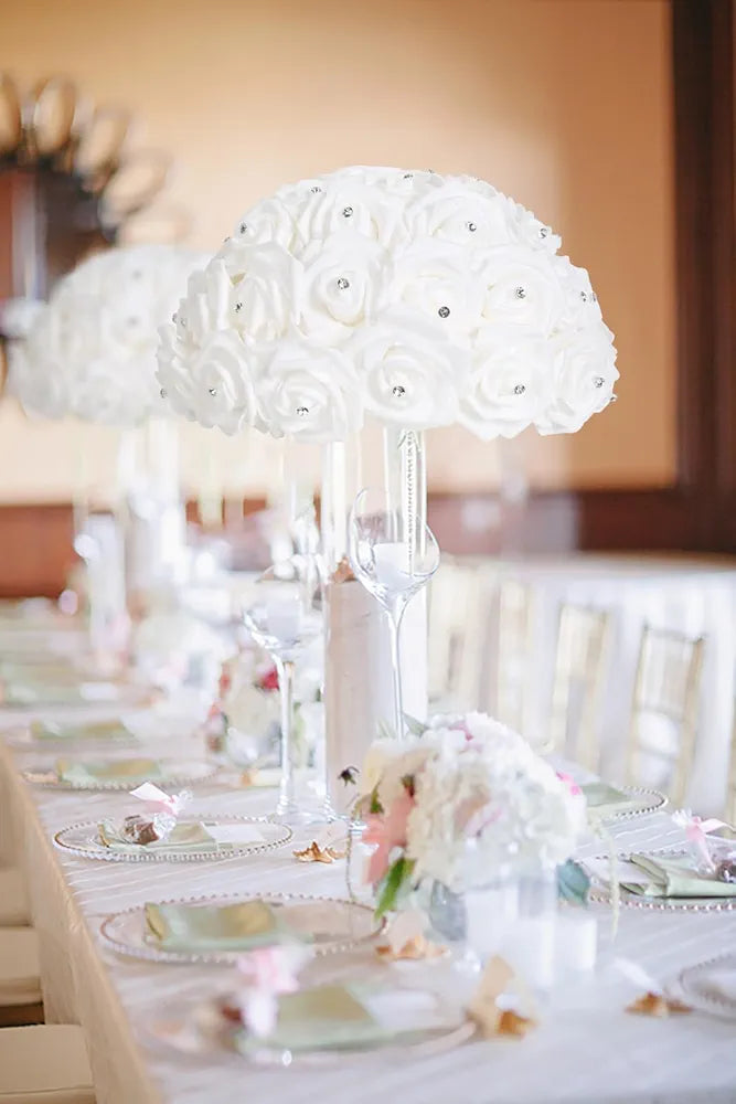 100PCS White Rose Artificial Flower Heads Real Looking Stemless Foam Roses Fake Flowers Bulk with Crystal White with Crystal