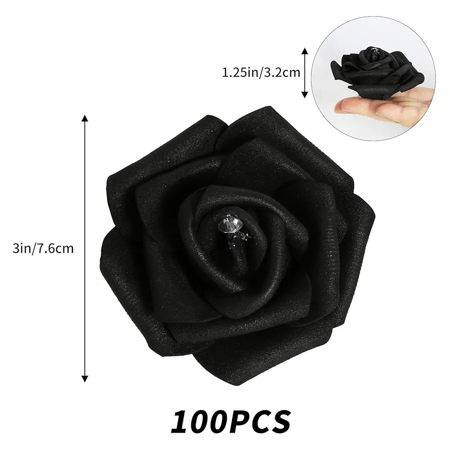 100pcs Black Rose Artificial Flower Heads Bulk with Crystal 3in Real Looking Foam Fake Roses Faux Flowers Black With Crystal