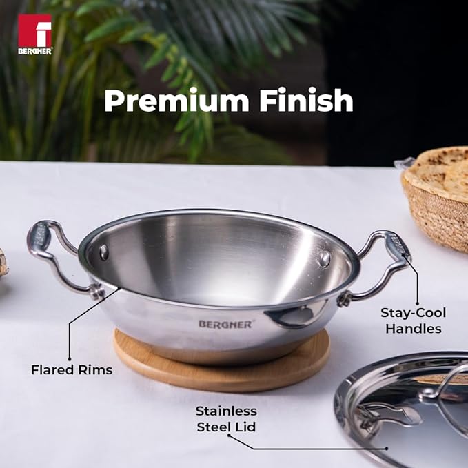 Bergner Argent Triply Stainless Steel 26cm Kadai With Stainless Steel Lid | 3.5 Liters Kadhai