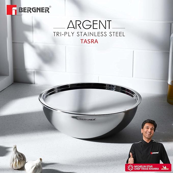 Bergner Argent Triply Stainless Steel 20 Cm Tasra With Stainless Steel Lid | 1.5 Litre