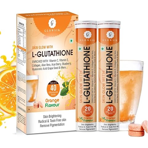 G- Glowsik Glutathione Tablets - 20 Effervescent Tabs for Skin, Reduced Glutathione With Collagen Vitamin C | Orange Flavour | Pack of 2