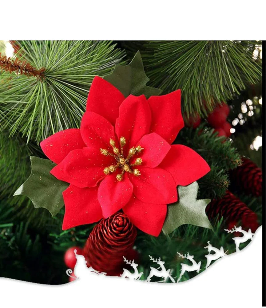 12pcs Christmas Poinsettias Red Velvet Decorative Artificial Flowers Red (Pack of 12)