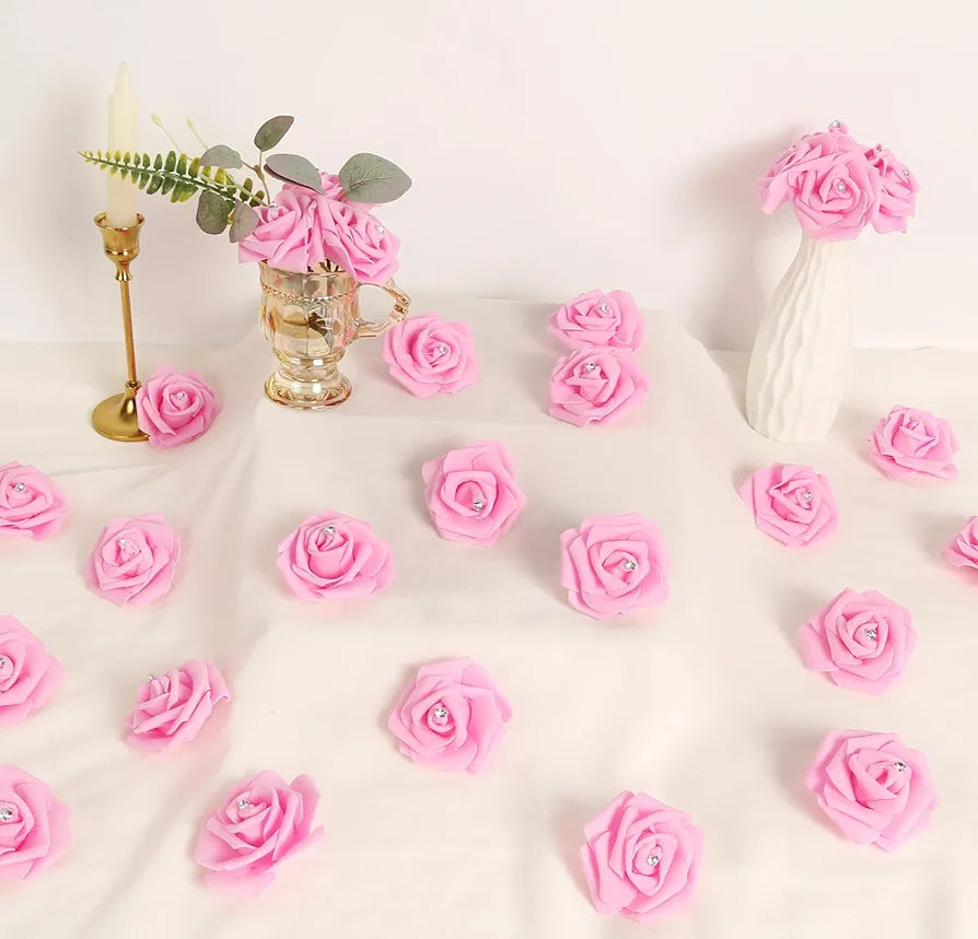 100pcs Pink Foam Rose Artificial Flower Bulk with Crystal 3in Real Looking Stemless Fake Roses