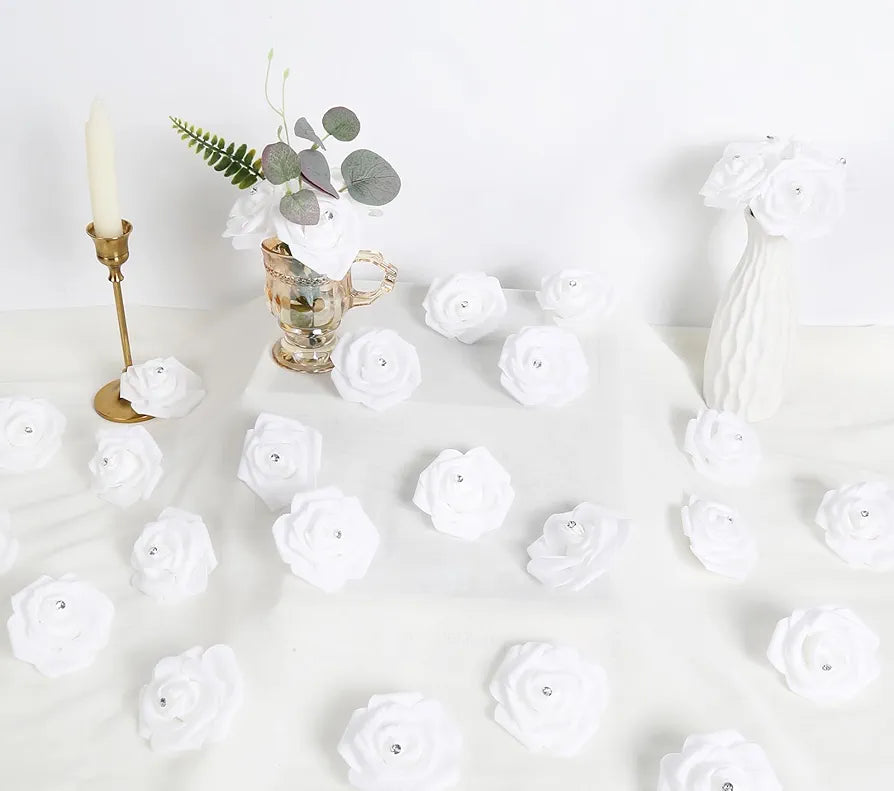 100PCS White Rose Artificial Flower Heads Real Looking Stemless Foam Roses Fake Flowers Bulk with Crystal White with Crystal