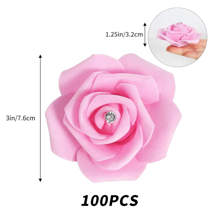 100pcs Pink Foam Rose Artificial Flower Bulk with Crystal 3in Real Looking Stemless Fake Roses