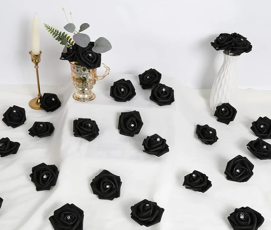 100pcs Black Rose Artificial Flower Heads Bulk with Crystal 3in Real Looking Foam Fake Roses Faux Flowers Black With Crystal