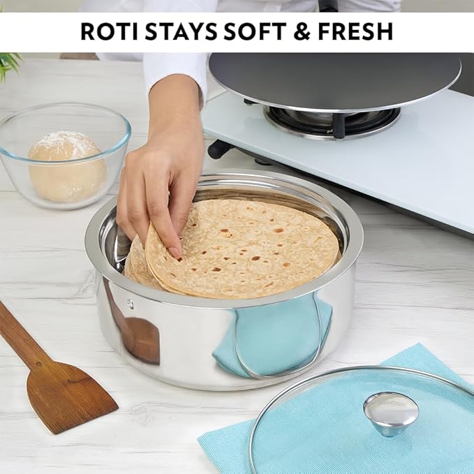 Borosil 2.5 L Stainless Steel Insulated Roti Server | Odur Proof, Food Grade, Toughned Glass Lid, Puf Insulated | Chapati Casserole