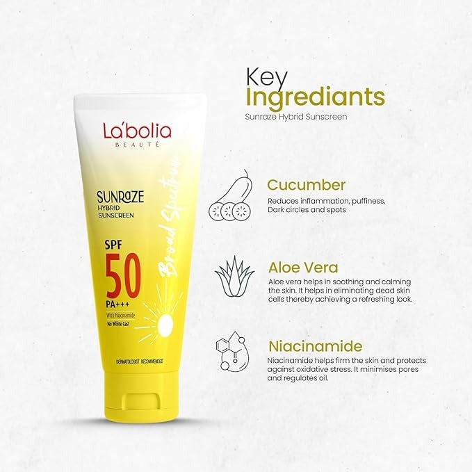 Labolia Beaute Sunraze Hybrid Sunscreen SPF 50 PA+++ - 50 gms - DesiPick