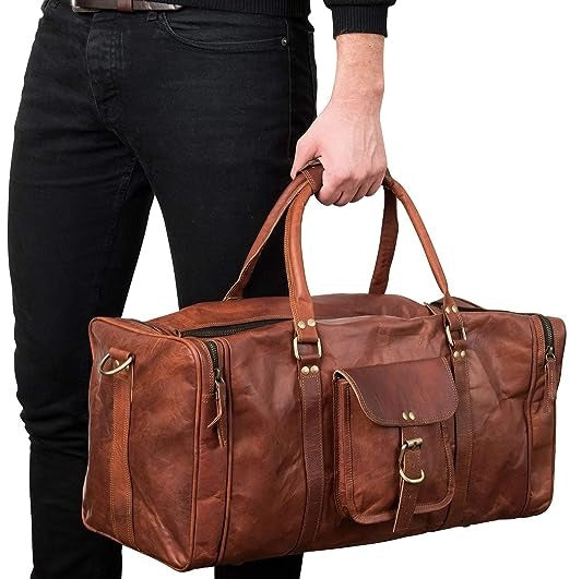 Craftshades – | 22 Inch 3 Compartments (Expandable) Handcrafted Duffle Goat Leather Bag (Brown) | 100% Genuine Leather
