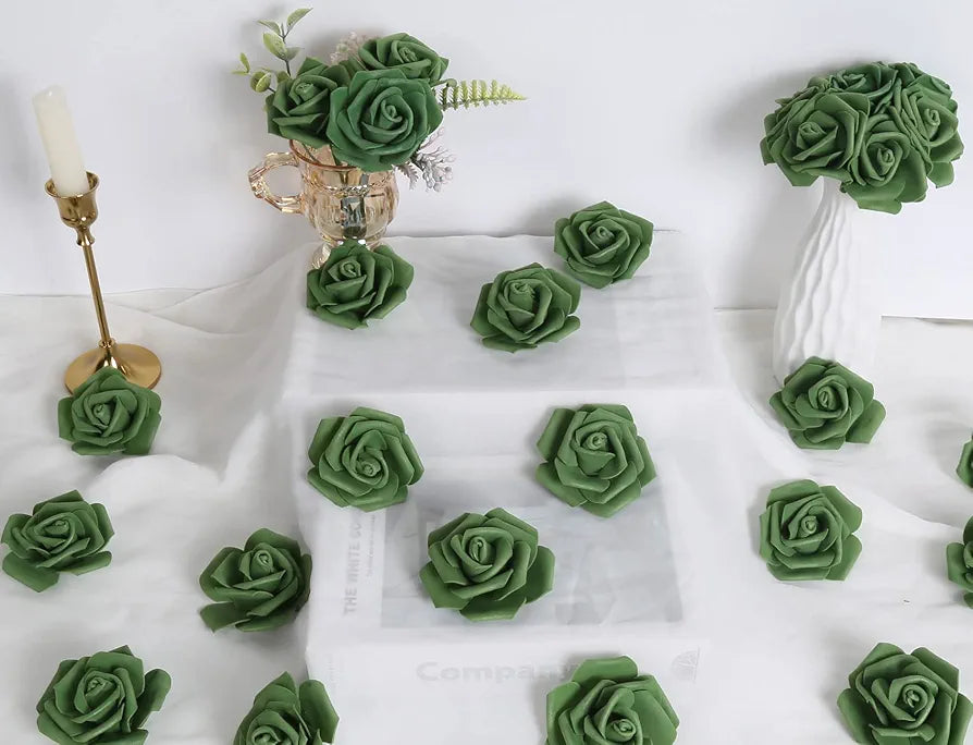 100 Pcs Artificial Foam Roses Heads 3Inch Stemless Faux Roses Bulk Fake Flowers Heads Army Green