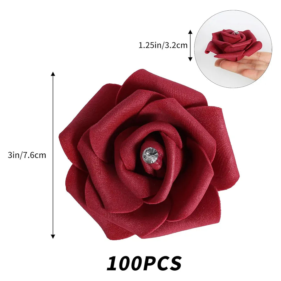 100PCS Burgundy Rose Artificial Flower Heads 3in Real Looking Stemless Foam Roses Fake Flowers Bulk with Crystal Burgundy With Crystal