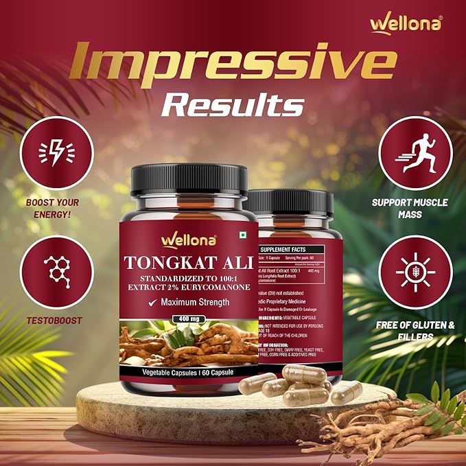 Wellona Tongkat Ali Supplement Root Extract 400mg - 60 caps Each (Pack of 3)