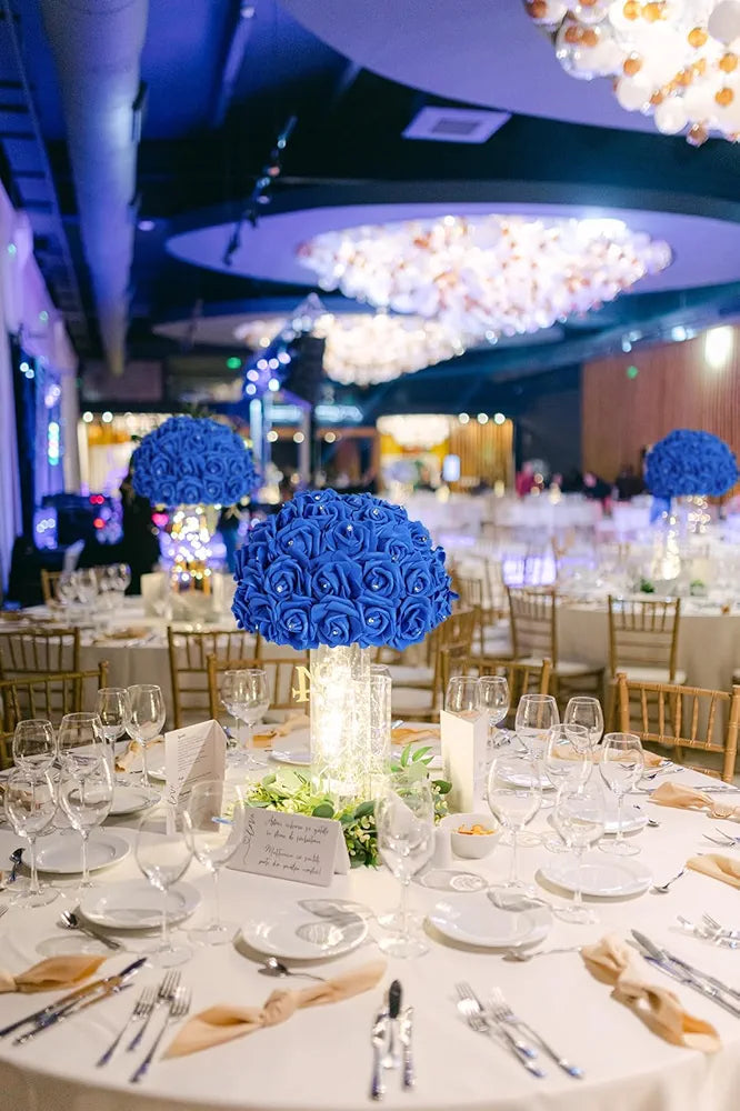 100pcs Royal Blue Artificial Rose Heads with Crystal 3in Real Looking Foam Fake Roses