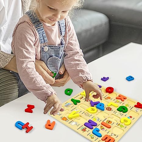 Smoneo Wooden 26 Letters Upper Case Alphabet ABC Puzzle Board for Toddlers Preschool Educational Sturdy Wooden