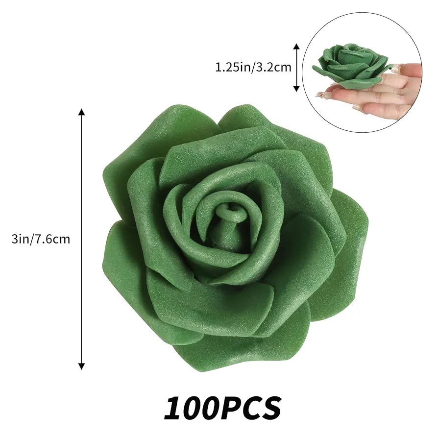 100 Pcs Artificial Foam Roses Heads 3Inch Stemless Faux Roses Bulk Fake Flowers Heads Army Green