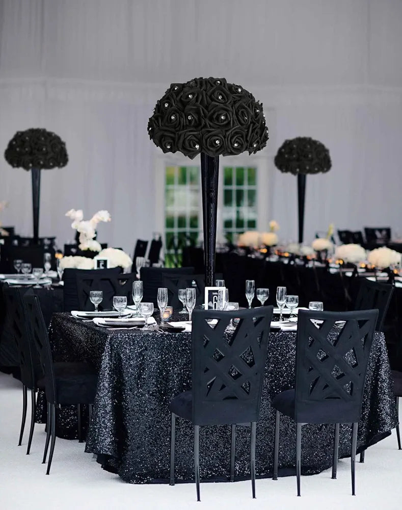 100pcs Black Rose Artificial Flower Heads Bulk with Crystal 3in Real Looking Foam Fake Roses Faux Flowers Black With Crystal