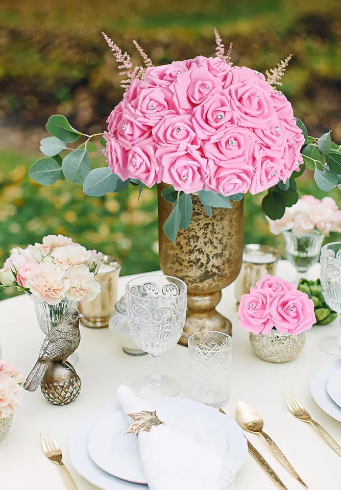 100pcs Pink Foam Rose Artificial Flower Bulk with Crystal 3in Real Looking Stemless Fake Roses