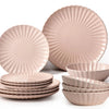 Anko Scalloped 12 Pieces Solid Stoneware Dinner Set Pink Lead Cadmium Free Microwave Dishwasher Safe 4 Dinner Plates 4 Side Plates 4 Bowls