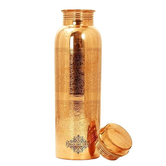 Indian Art Villa Pure Copper Water Bottle with Floral Vines Embossed Design (Pack of 2)