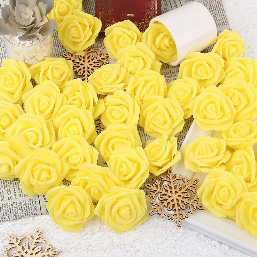 100 Pcs Artificial Rose Flower Heads Real Looking Ivory White Foam Fake Roses Yellow