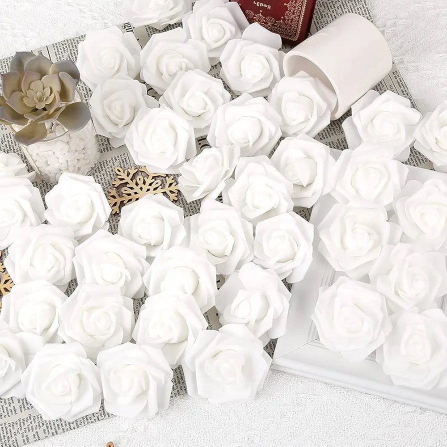 100 Pcs Artificial Rose Flower Heads Real Looking White Foam Fake Roses White