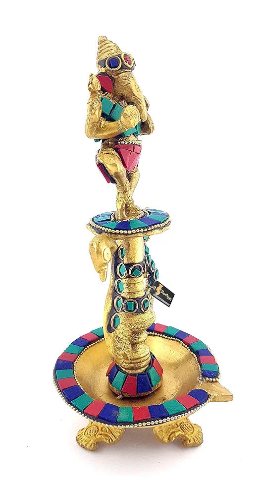 Two Moustaches 8 Inches Dancing Ganesha Gemstone Work Brass Oil Diya