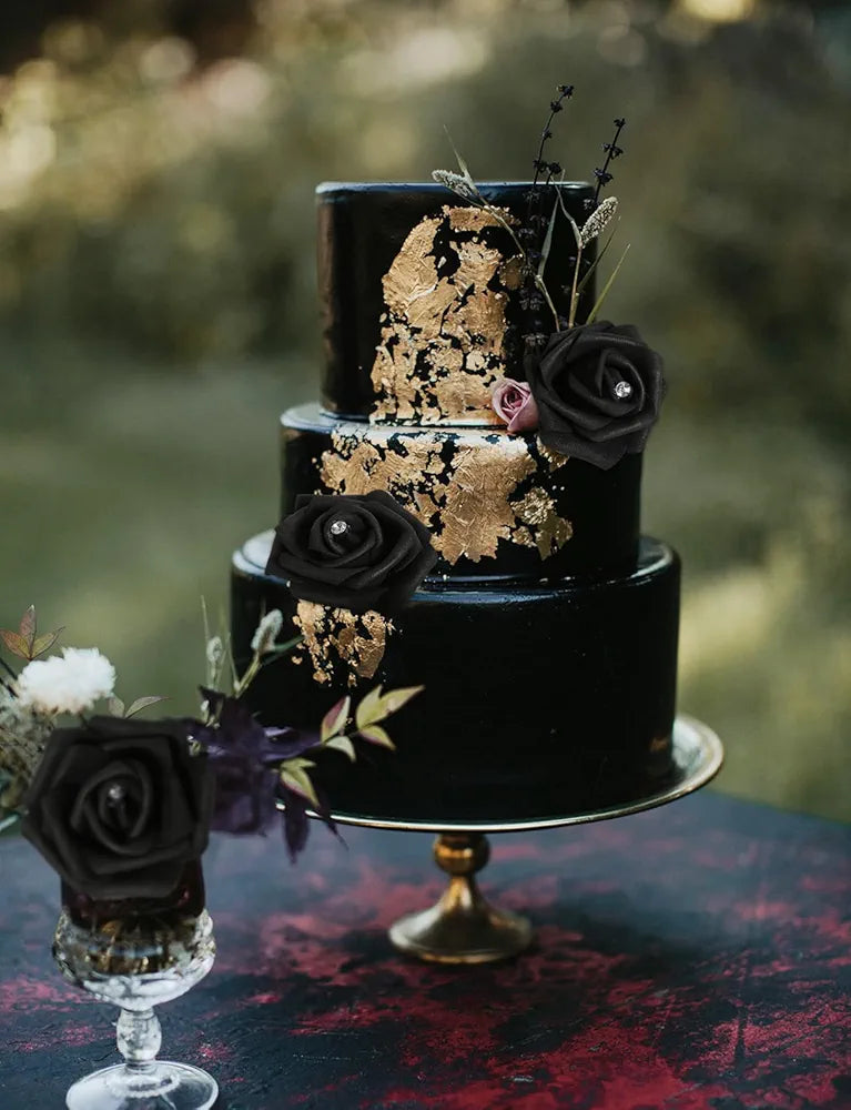 100pcs Black Rose Artificial Flower Heads Bulk with Crystal 3in Real Looking Foam Fake Roses Faux Flowers Black With Crystal