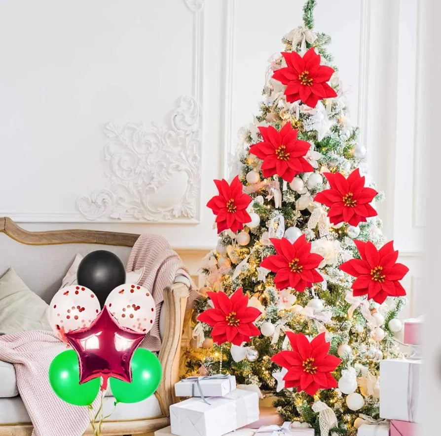 12pcs Christmas Poinsettias Red Velvet Decorative Artificial Flowers Red (Pack of 12)