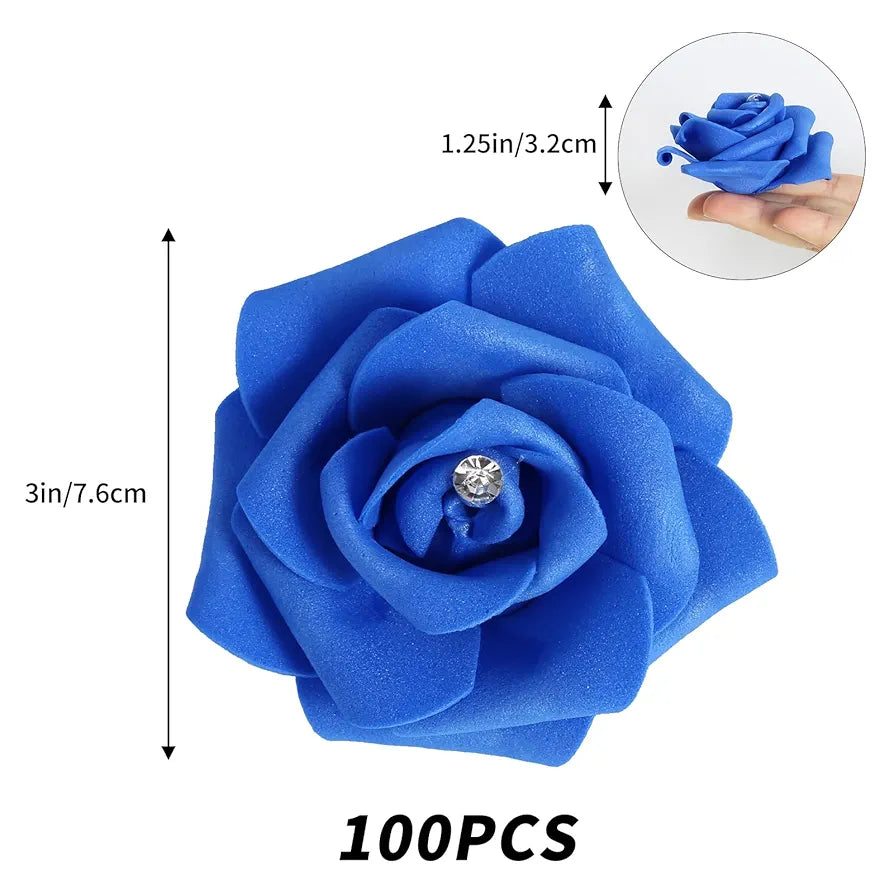 100pcs Royal Blue Artificial Rose Heads with Crystal 3in Real Looking Foam Fake Roses