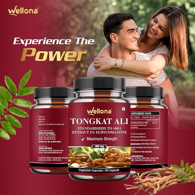 Wellona Tongkat Ali Supplement Root Extract 400mg - 60 caps Each (Pack of 3)