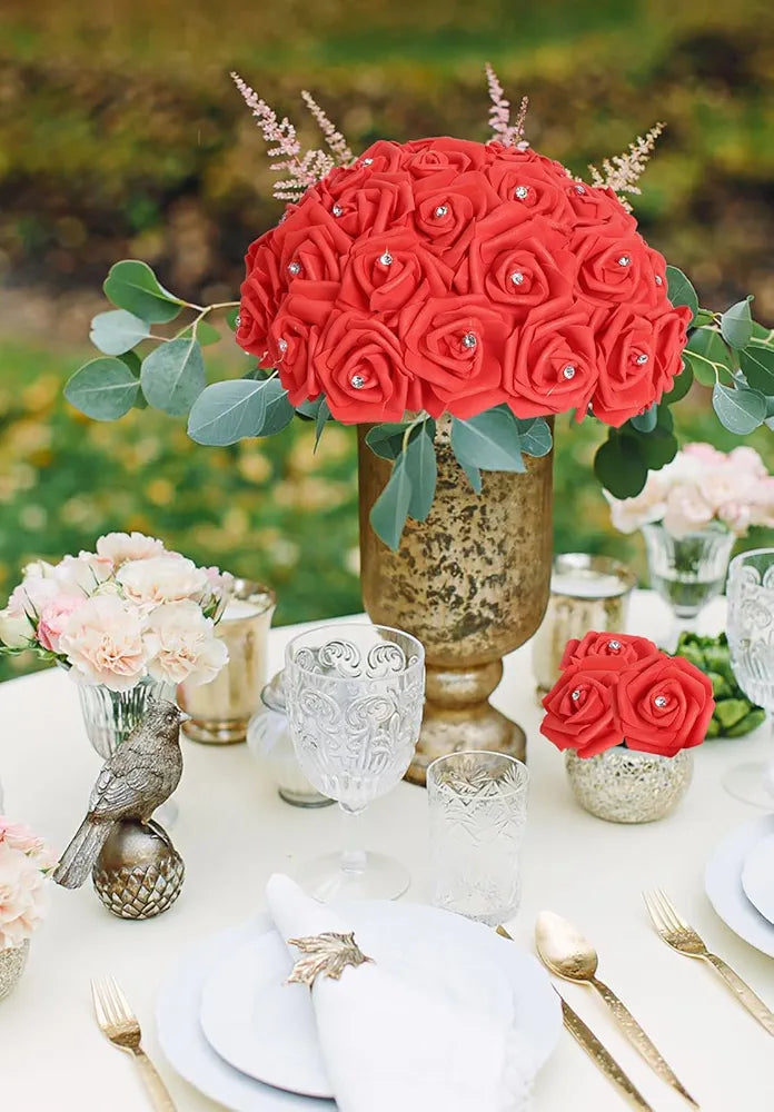 100pcs Red Foam Rose Artificial Flower Bulk with Crystal 3in Real Looking Stemless Fake Roses