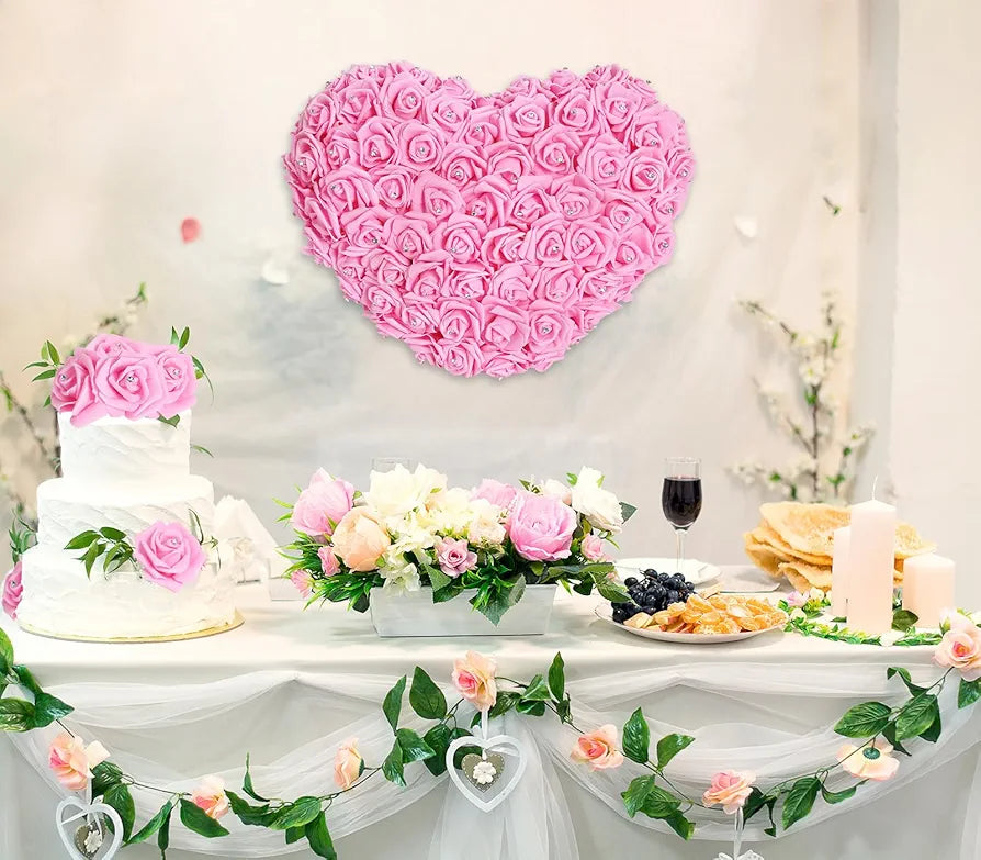 100pcs Pink Foam Rose Artificial Flower Bulk with Crystal 3in Real Looking Stemless Fake Roses