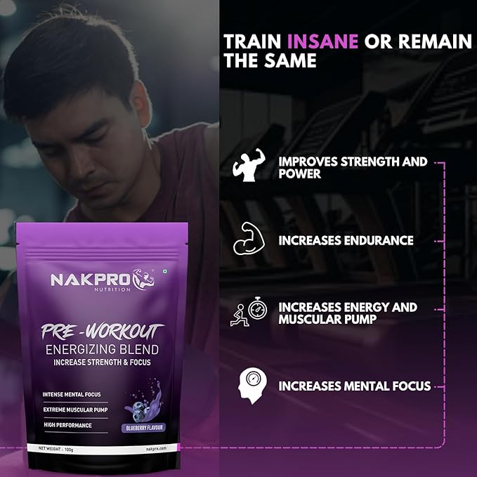 Nakpro Pre Workout Supplement Blueberry Flavour - 100 gms